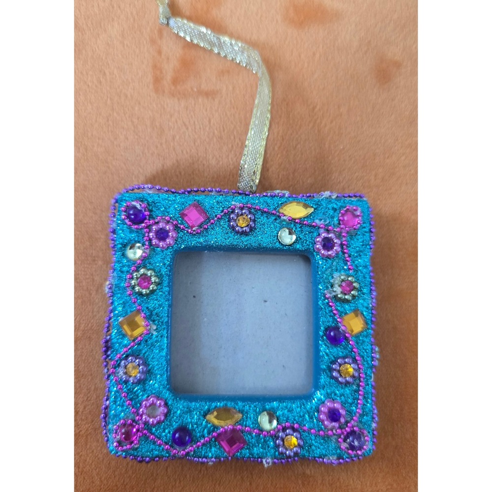 Teal Glitter Mini Picture Frame Ornament Beaded Jeweled Easel Back Square 3in